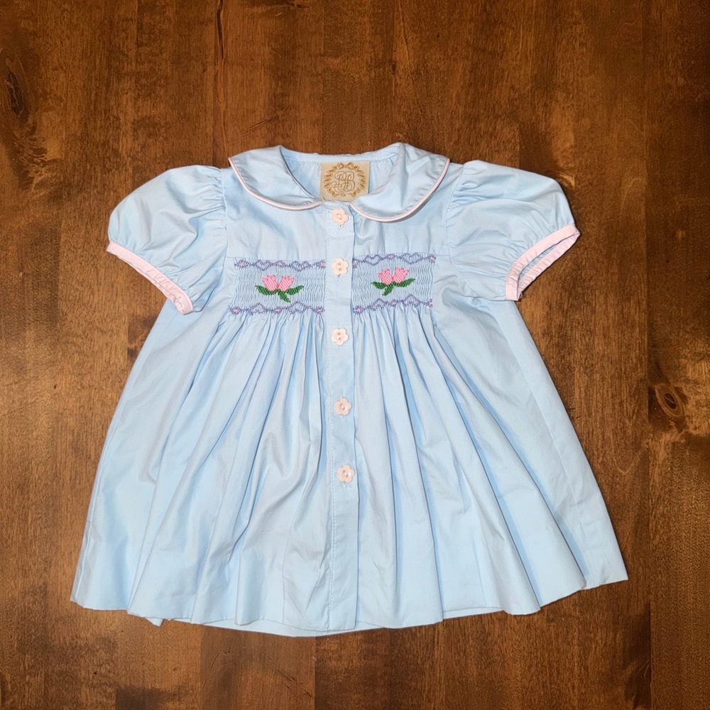 The Beaufort Bonnet Company Blue Dress with Pink and Green Flower Embroidery